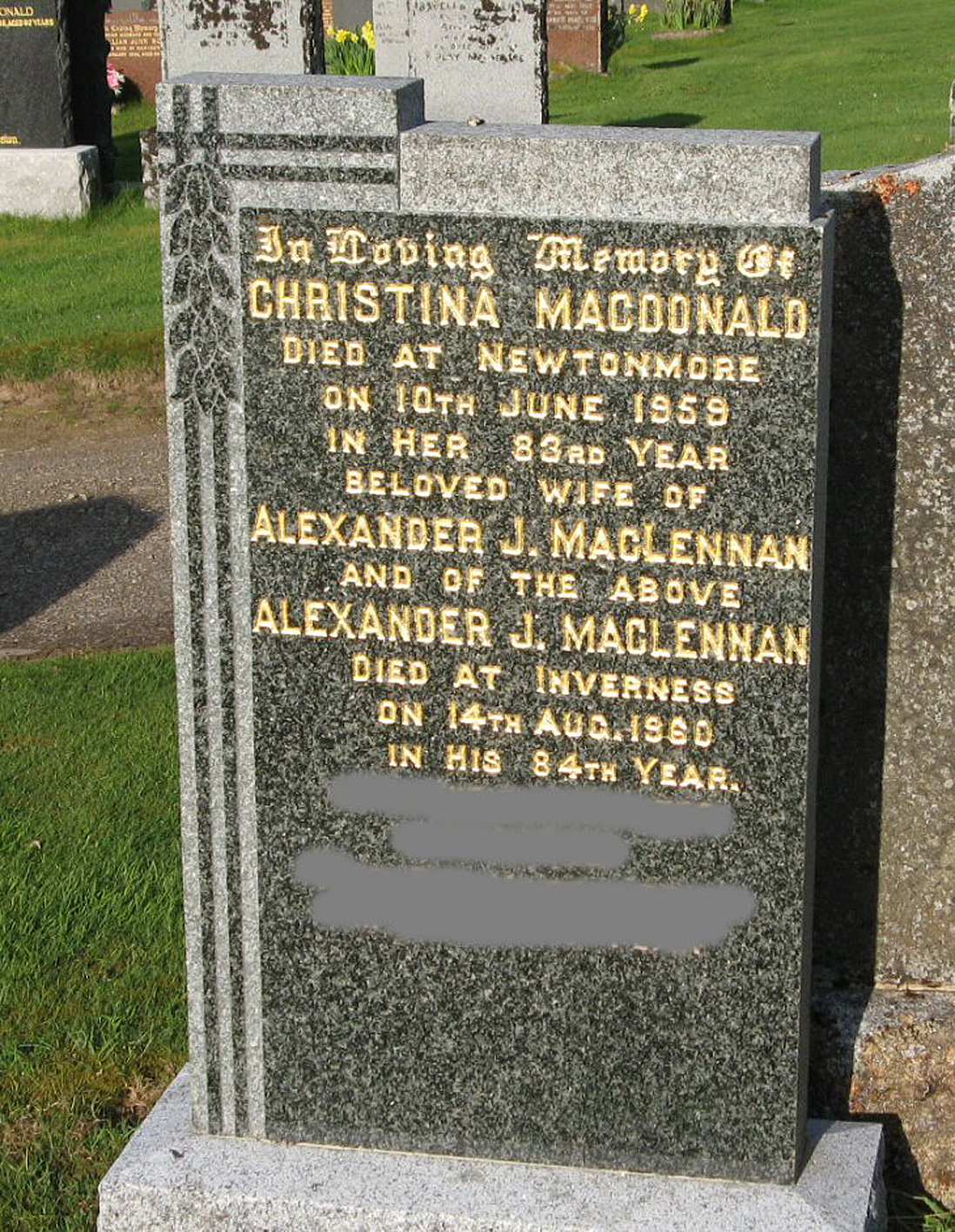 Photo of headstones/Alexander J MacLennan died 1960 MI Fodderty